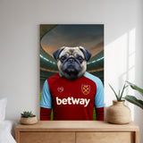 Custom pet portrait of a dog in 2025/26 West Ham United football jersey