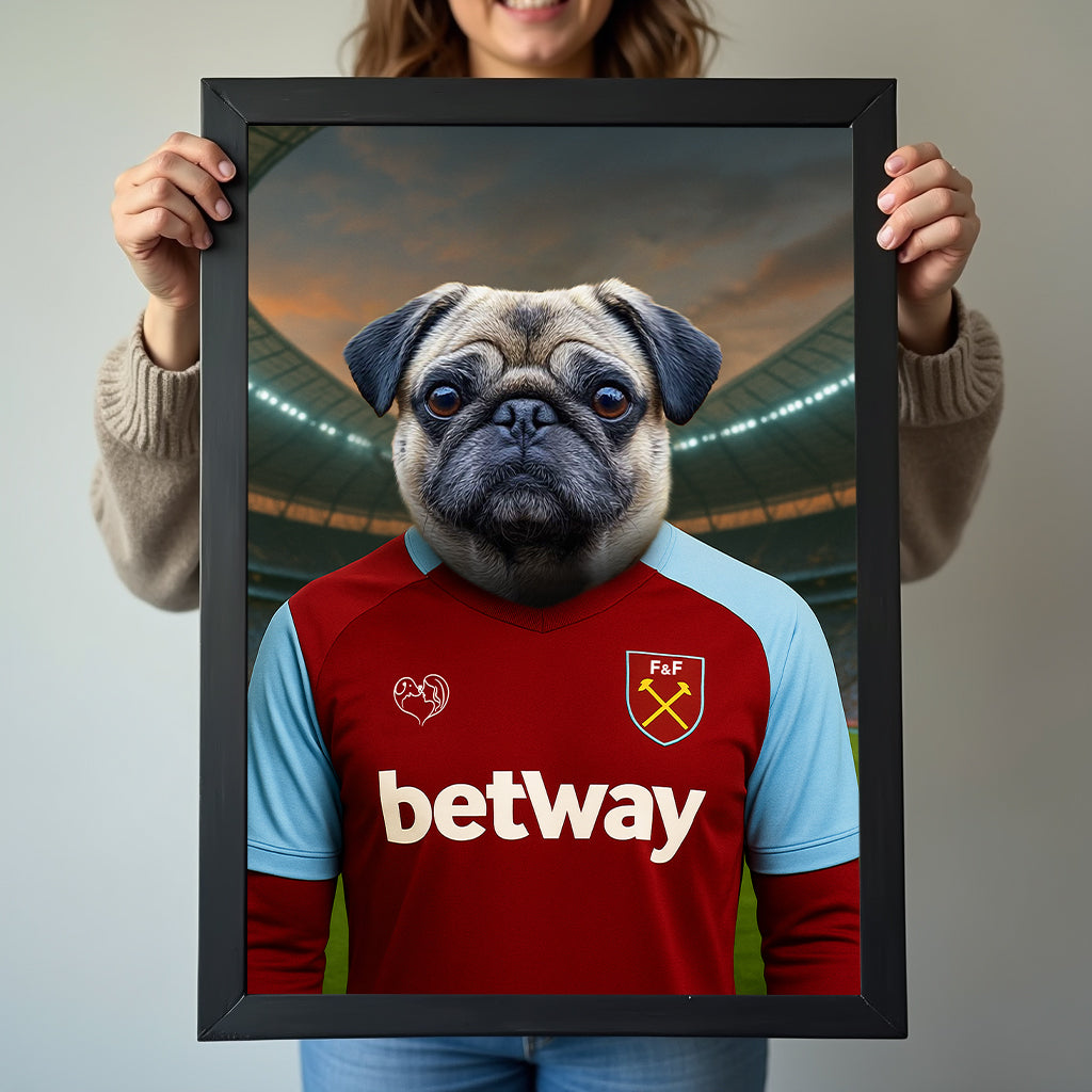 Custom pet portrait of a dog in 2025/26 West Ham United football jersey