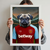 Custom pet portrait of a dog in 2025/26 West Ham United football jersey
