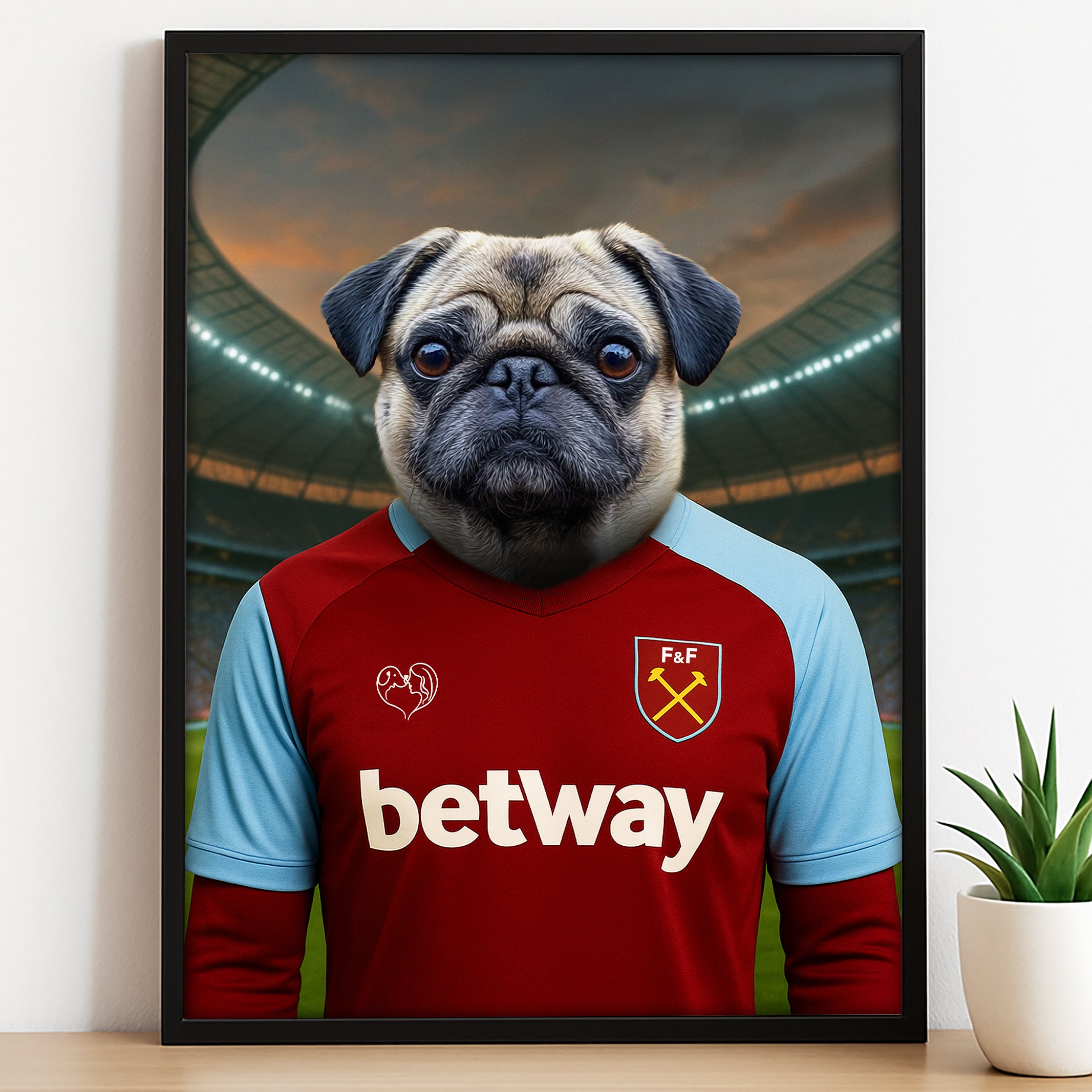 Custom pet portrait of a dog in 2025/26 West Ham United football jersey