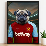 Custom pet portrait of a dog in 2025/26 West Ham United football jersey