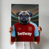 Custom pet portrait of a dog in 2025/26 West Ham United football jersey