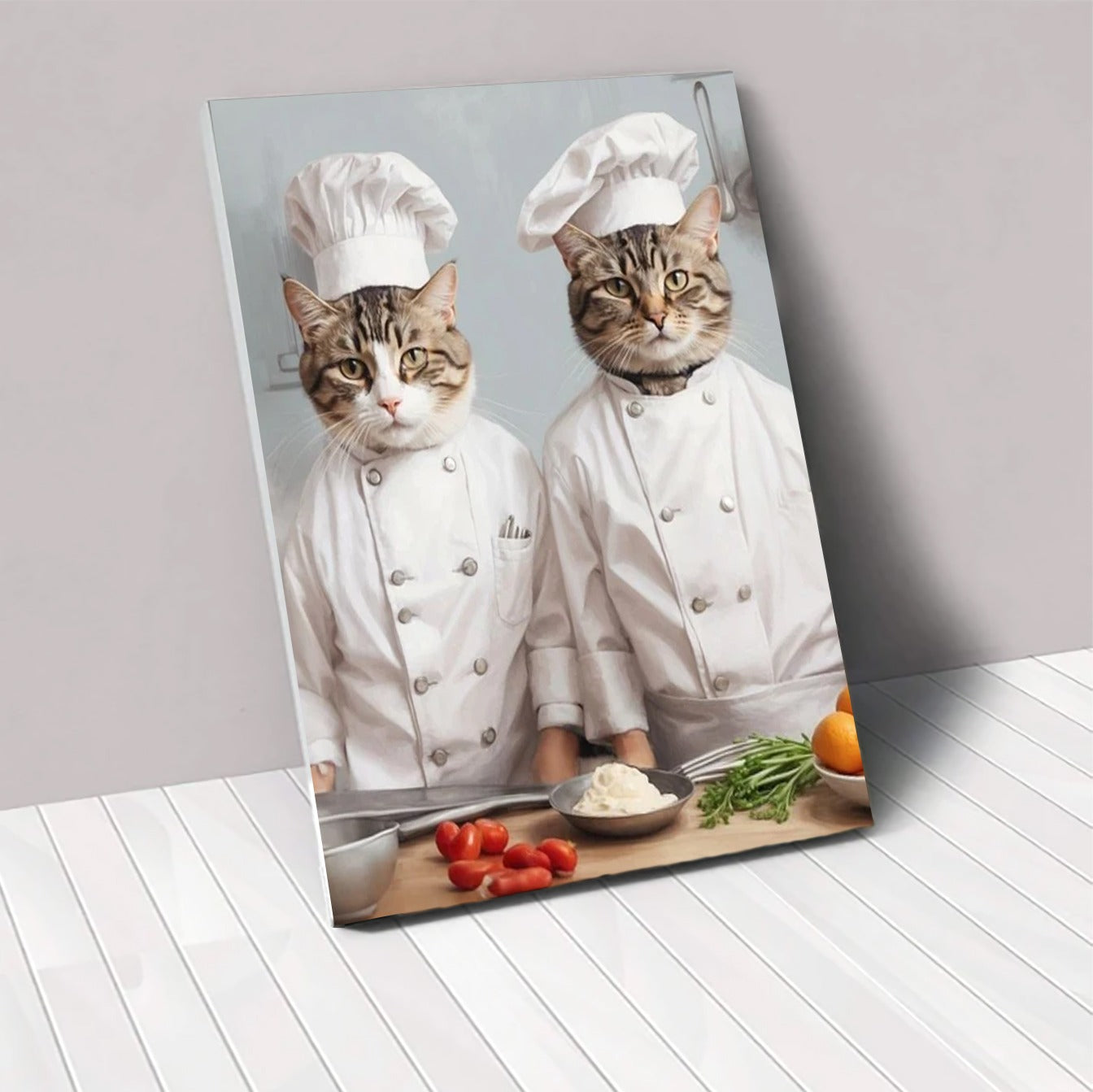 Custom pet portrait featuring two pets dressed as chefs, wearing hats and aprons, with playful culinary elements in the background