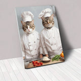 Custom pet portrait featuring two pets dressed as chefs, wearing hats and aprons, with playful culinary elements in the background