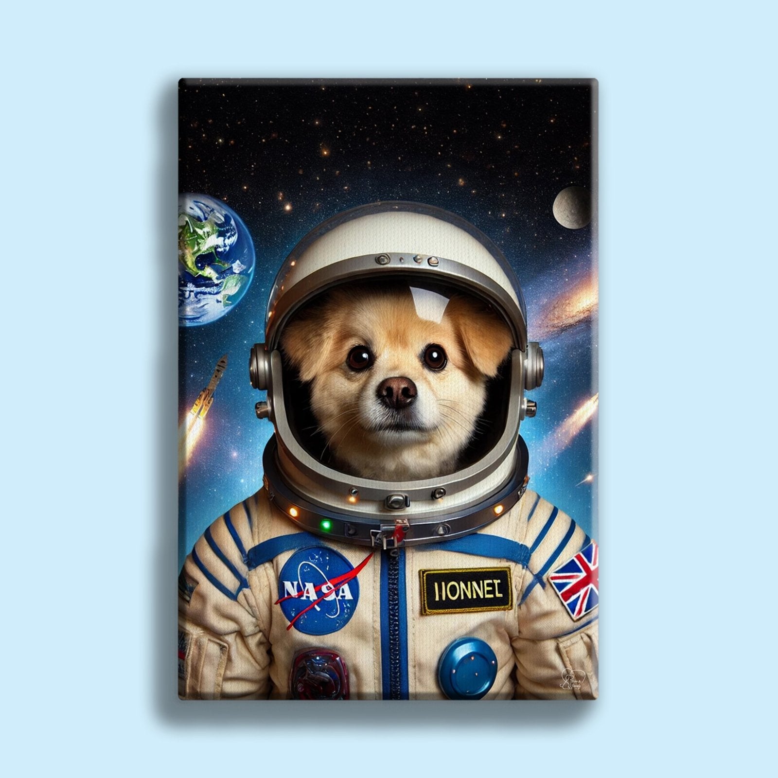 Custom pet portrait of a dog or cat in a detailed astronaut suit, hand-drawn in a space exploration theme based on a customer-submitted photo