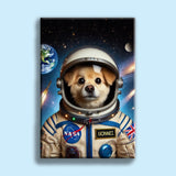 Custom pet portrait of a dog or cat in a detailed astronaut suit, hand-drawn in a space exploration theme based on a customer-submitted photo