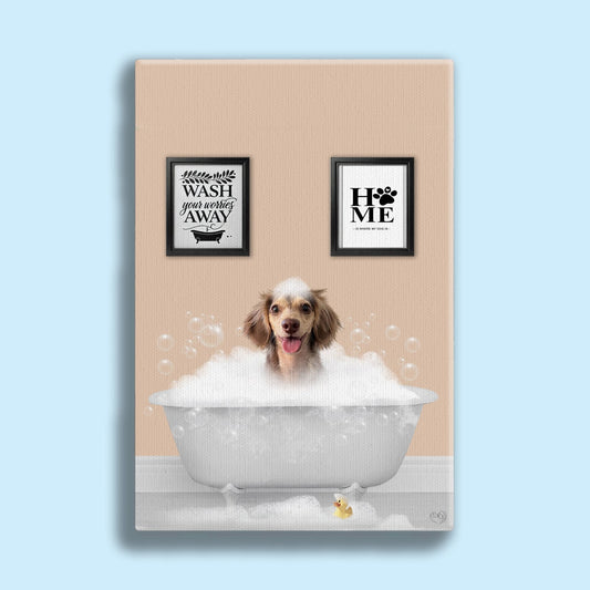 Funny custom pet portrait of a dog relaxing in a bathtub with bubbles and foam