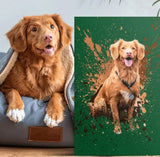 Custom contemporary pet portrait featuring a dog or cat in a vibrant, modern style with geometric shapes and bold colors