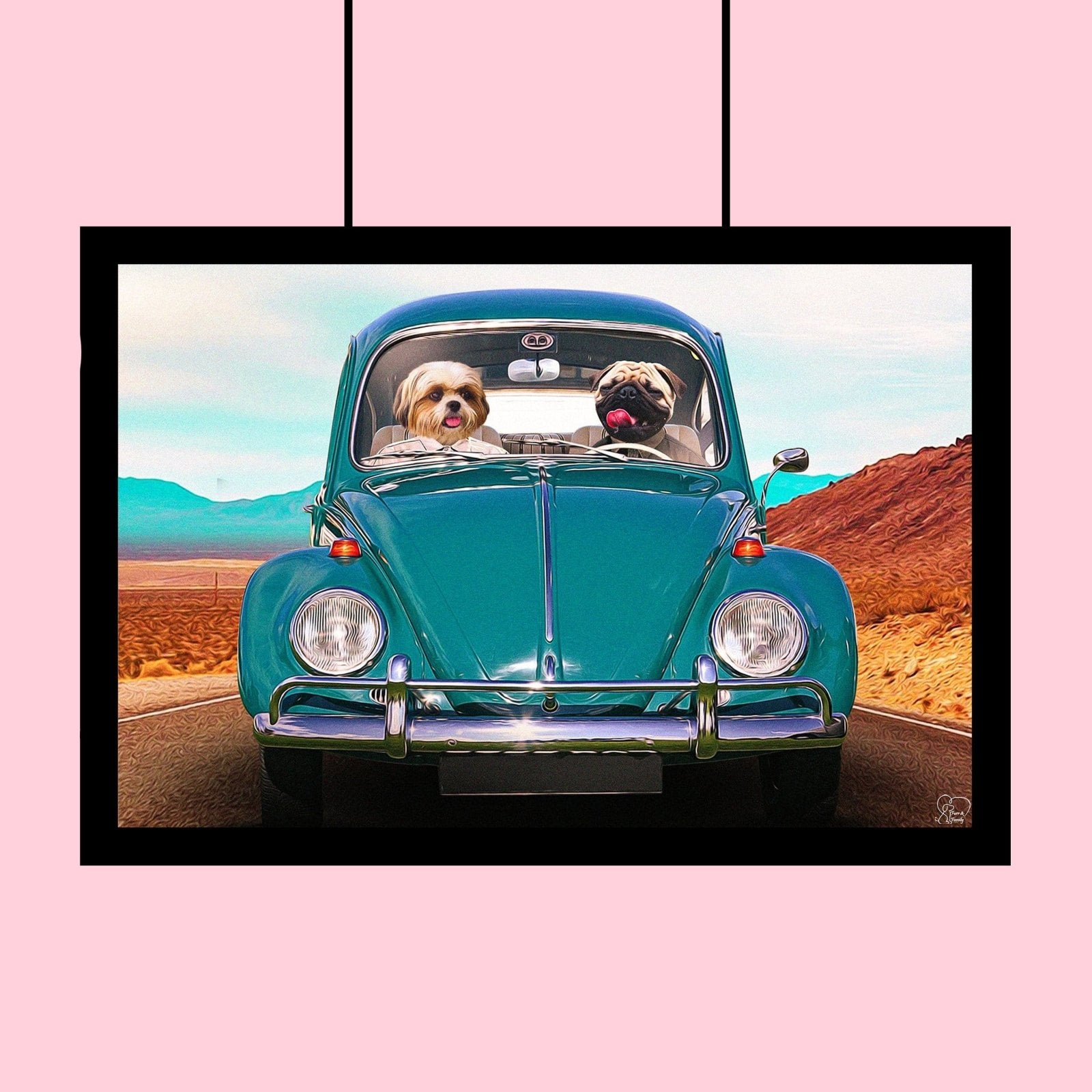 Custom pet portrait of two pets (dogs or cats) riding in a dune buggy, wearing goggles and gear, in a desert or off-road setting