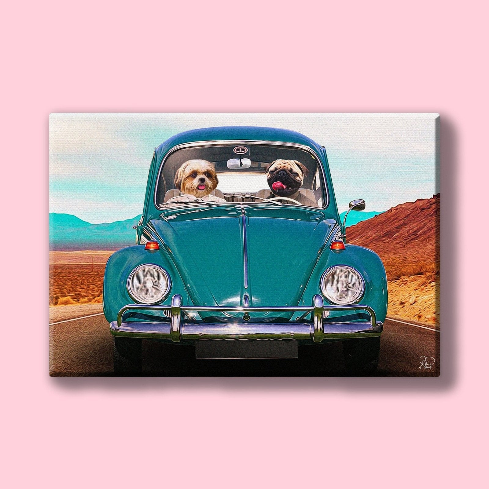 Custom pet portrait of two pets (dogs or cats) riding in a dune buggy, wearing goggles and gear, in a desert or off-road setting