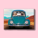 Custom pet portrait of two pets (dogs or cats) riding in a dune buggy, wearing goggles and gear, in a desert or off-road setting