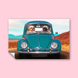 Custom pet portrait of two pets (dogs or cats) riding in a dune buggy, wearing goggles and gear, in a desert or off-road setting