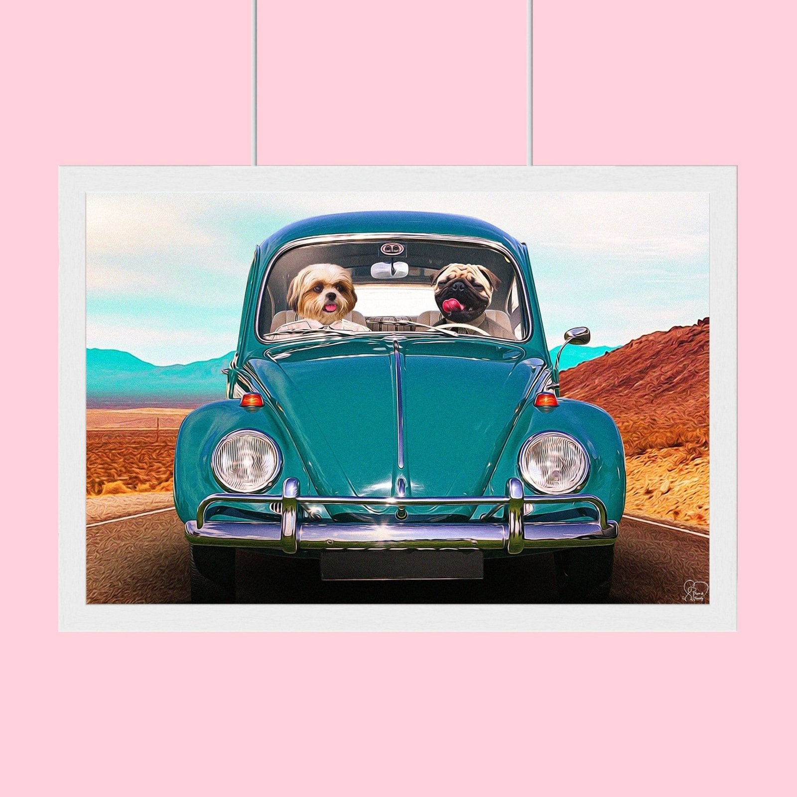 Custom pet portrait of two pets (dogs or cats) riding in a dune buggy, wearing goggles and gear, in a desert or off-road setting