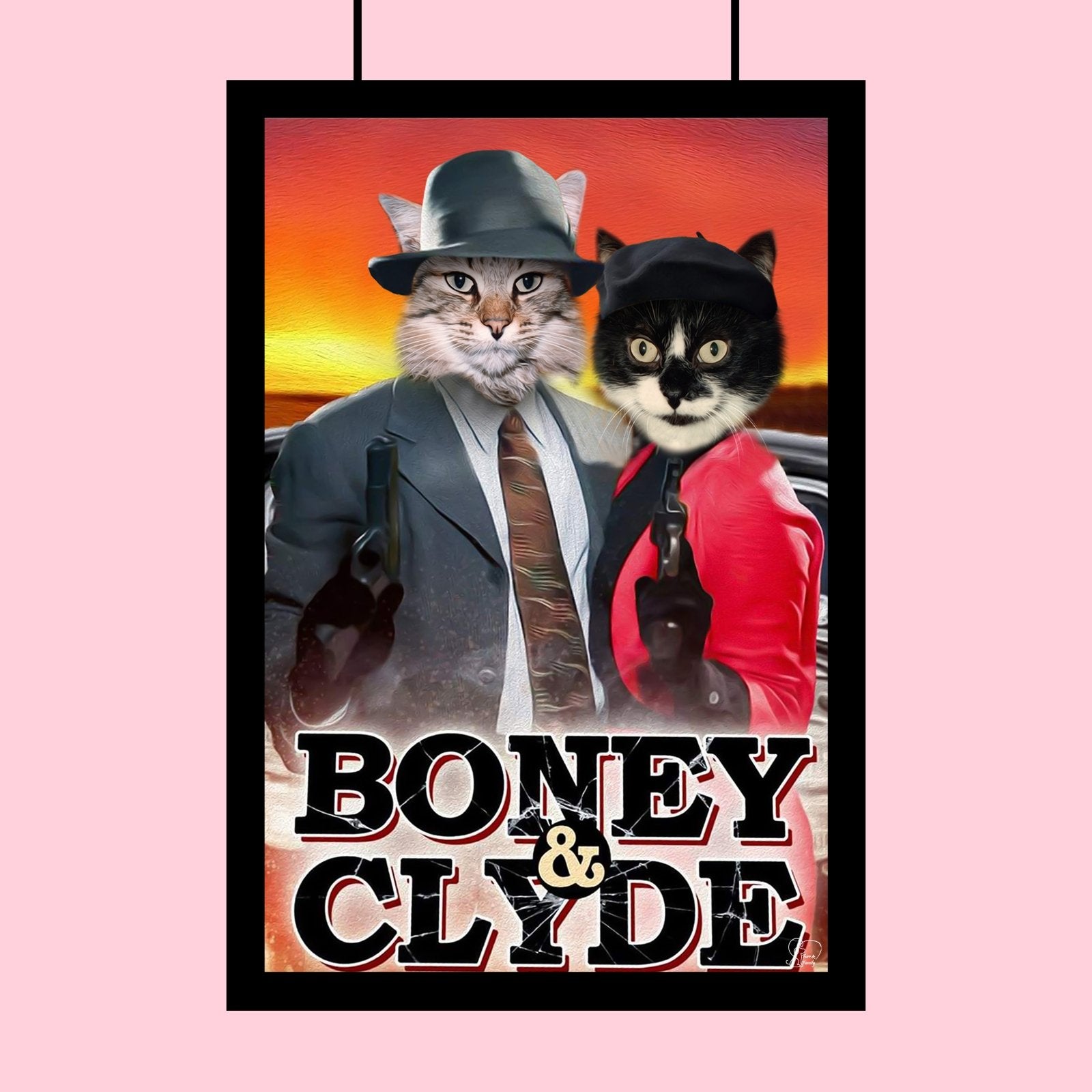 Custom pet portrait of a dog and/or cat dressed as a mischievous gangster duo, inspired by Bonnie and Clyde, with bone accessories and bandanas