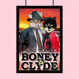 Custom pet portrait of a dog and/or cat dressed as a mischievous gangster duo, inspired by Bonnie and Clyde, with bone accessories and bandanas