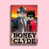 Custom pet portrait of a dog and/or cat dressed as a mischievous gangster duo, inspired by Bonnie and Clyde, with bone accessories and bandanas