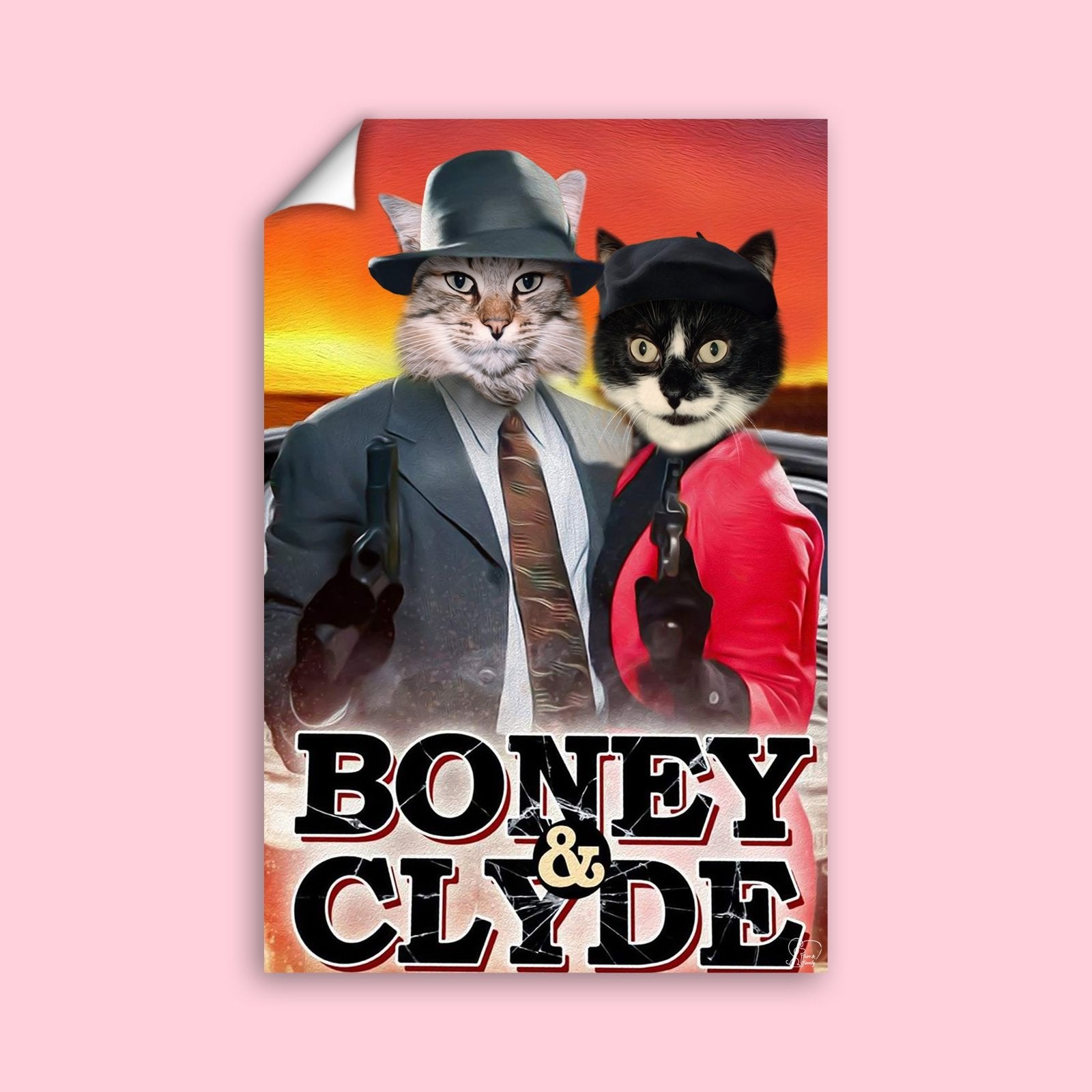 Custom pet portrait of a dog and/or cat dressed as a mischievous gangster duo, inspired by Bonnie and Clyde, with bone accessories and bandanas