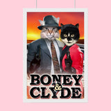 Custom pet portrait of a dog and/or cat dressed as a mischievous gangster duo, inspired by Bonnie and Clyde, with bone accessories and bandanas