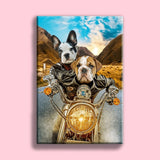 Custom pet portrait of two dogs dressed as bikers with helmets and leather jackets, sitting on a motorcycle, showcasing a tough duo spirit