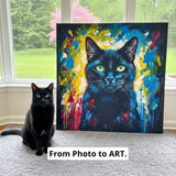 Black cat sitting next to a colorful painting of a black cat with a window in the background.