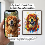 Hand holding a phone with a dog photo and a colorful art print of the same dog.