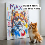 Colorful dog painting with 'MAX' and a real dog sitting in front of it.