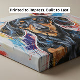 Canvas print of a dog with colorful abstract patterns on a beige background.