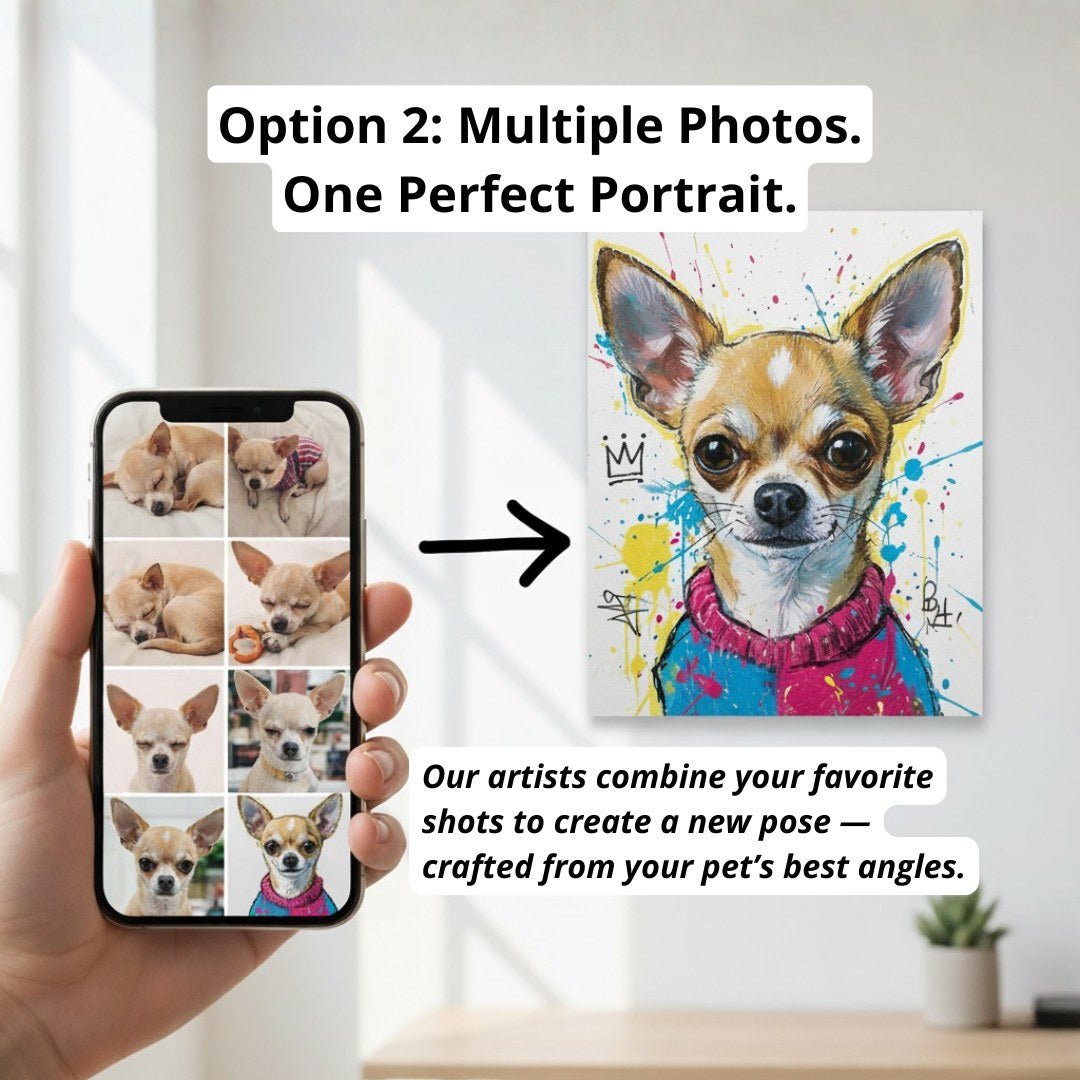 Hand holding a phone with pet photos and a completed artwork of a dog on a wall.