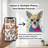 Hand holding a phone with pet photos and a completed artwork of a dog on a wall.