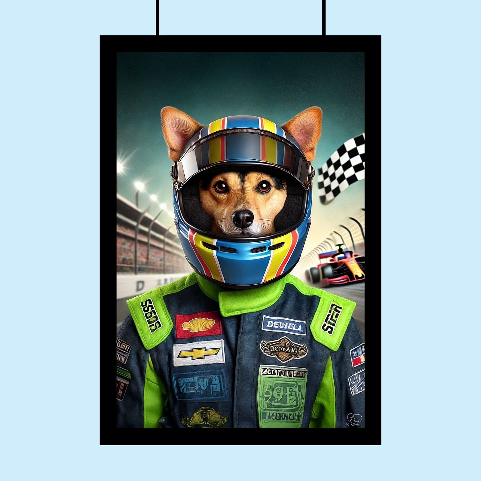 Custom Racing Car Champion Pet Portrait – Personalized Motorsport Pet Art - 1 Pet - Furr and Family