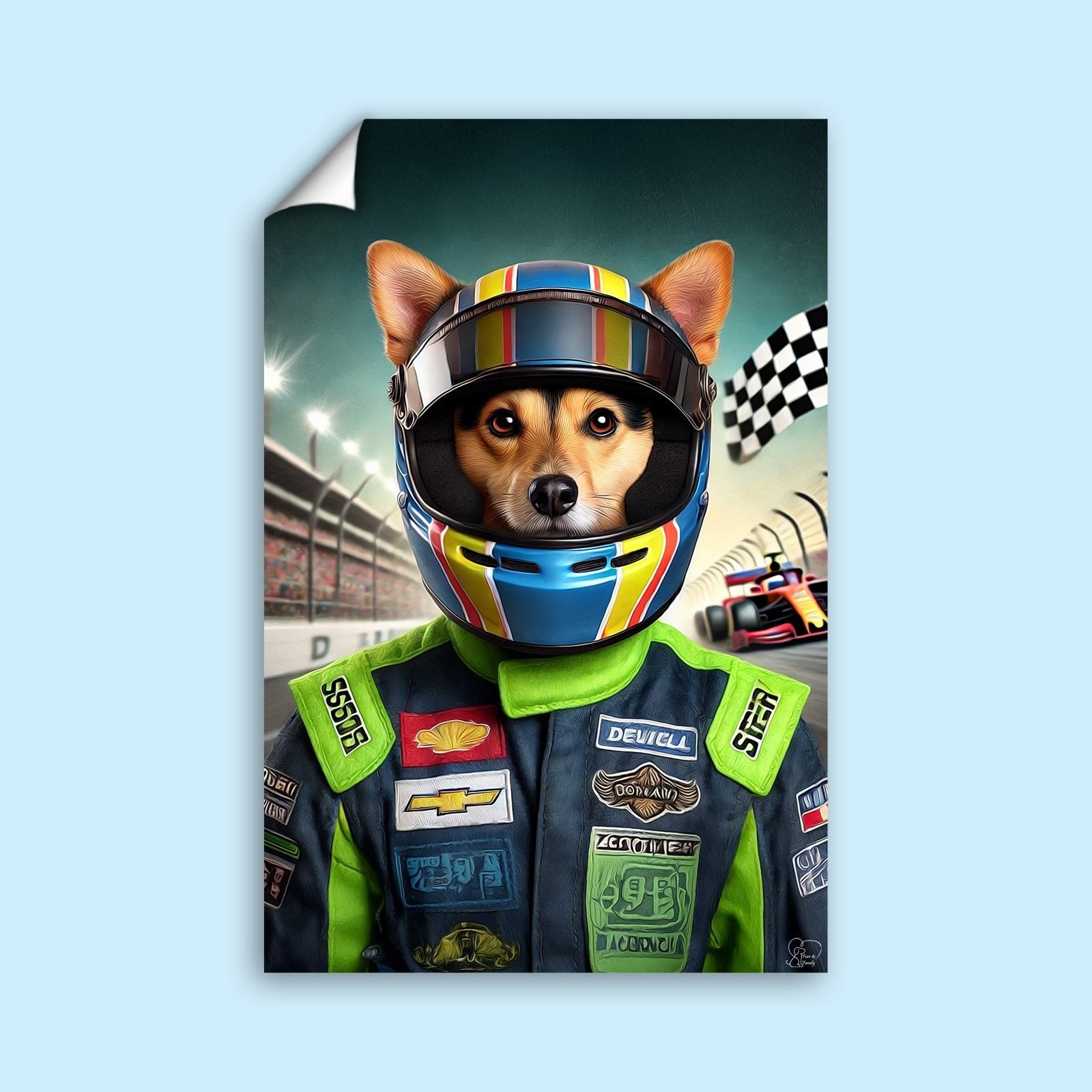 Custom Racing Car Champion Pet Portrait – Personalized Motorsport Pet Art - 1 Pet - Furr and Family