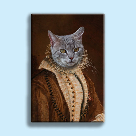 Custom portrait of a cat dressed in royal aristocratic attire with classic elegant styling