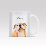 Custom ceramic mug featuring a Disney-style cartoon pet portrait of a cat or dog with expressive animated features