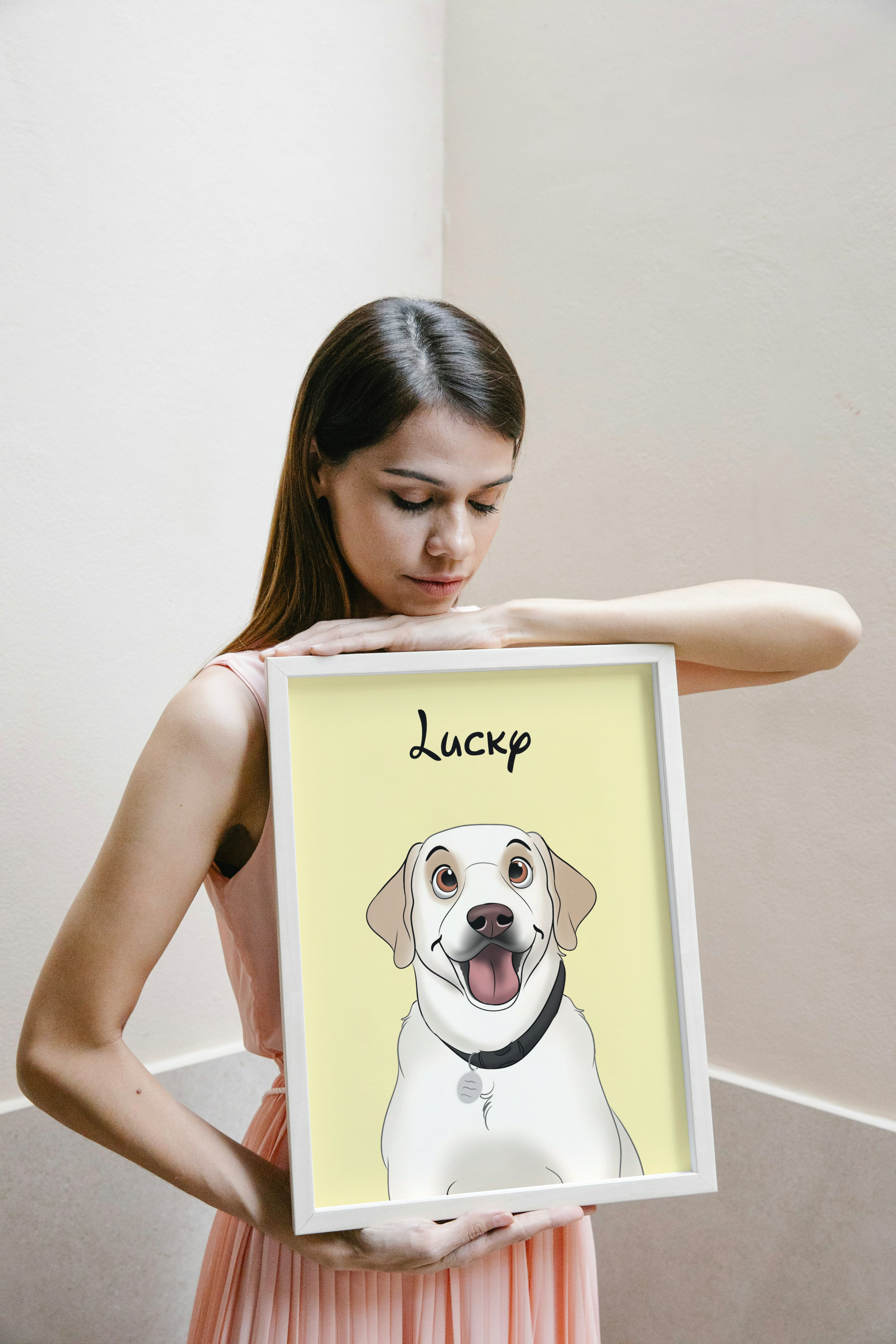 Custom pet portrait in Disney cartoon art style featuring a dog or cat with large expressive eyes and animated features