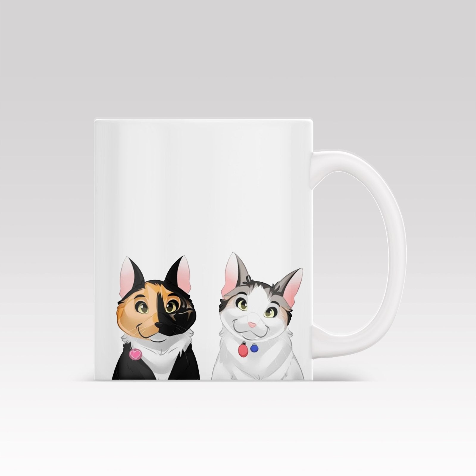 Custom ceramic mug featuring a Disney-style cartoon pet portrait of a cat or dog with expressive animated features