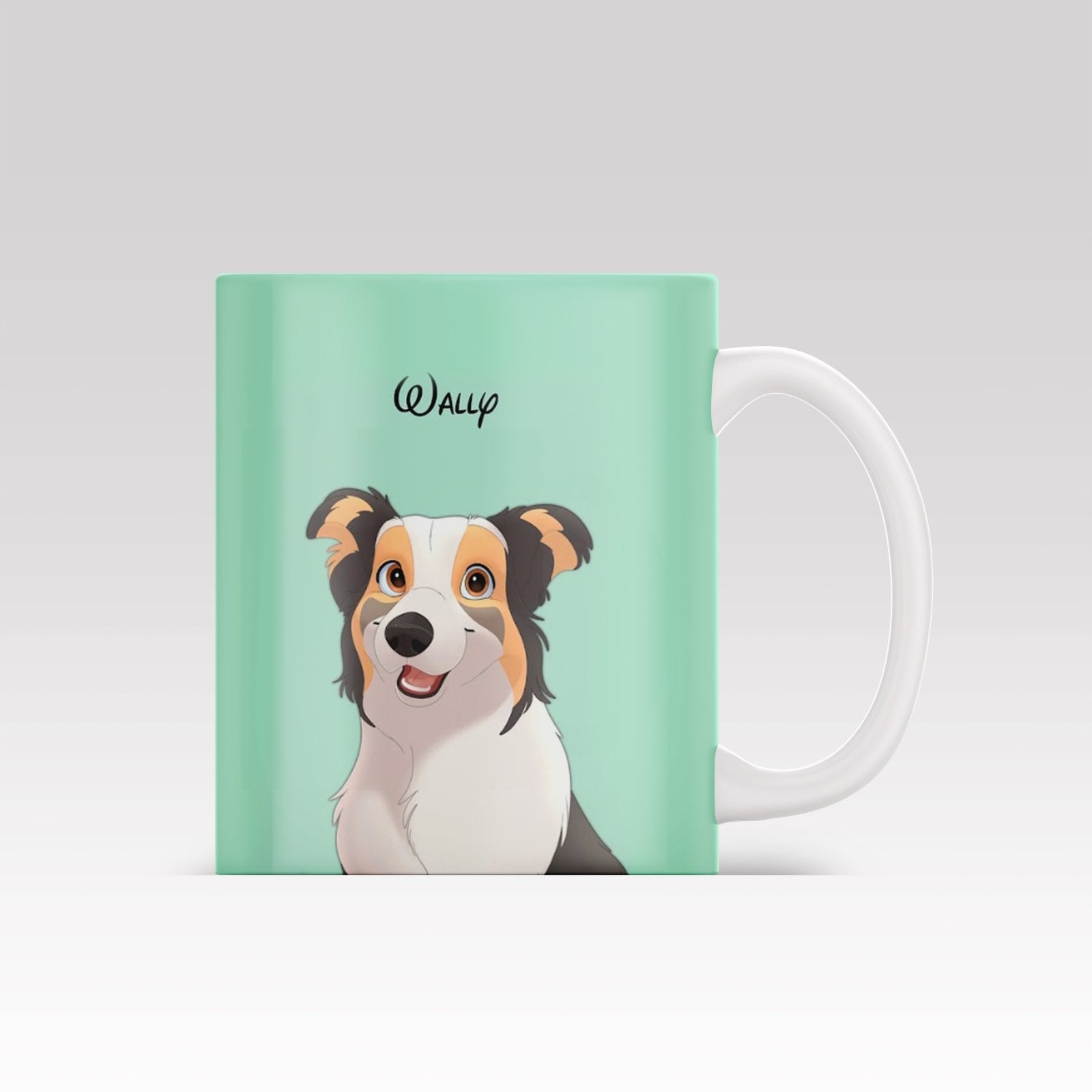 Custom ceramic mug featuring a Disney-style cartoon pet portrait of a cat or dog with expressive animated features