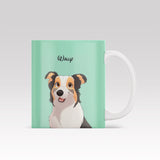 Custom ceramic mug featuring a Disney-style cartoon pet portrait of a cat or dog with expressive animated features
