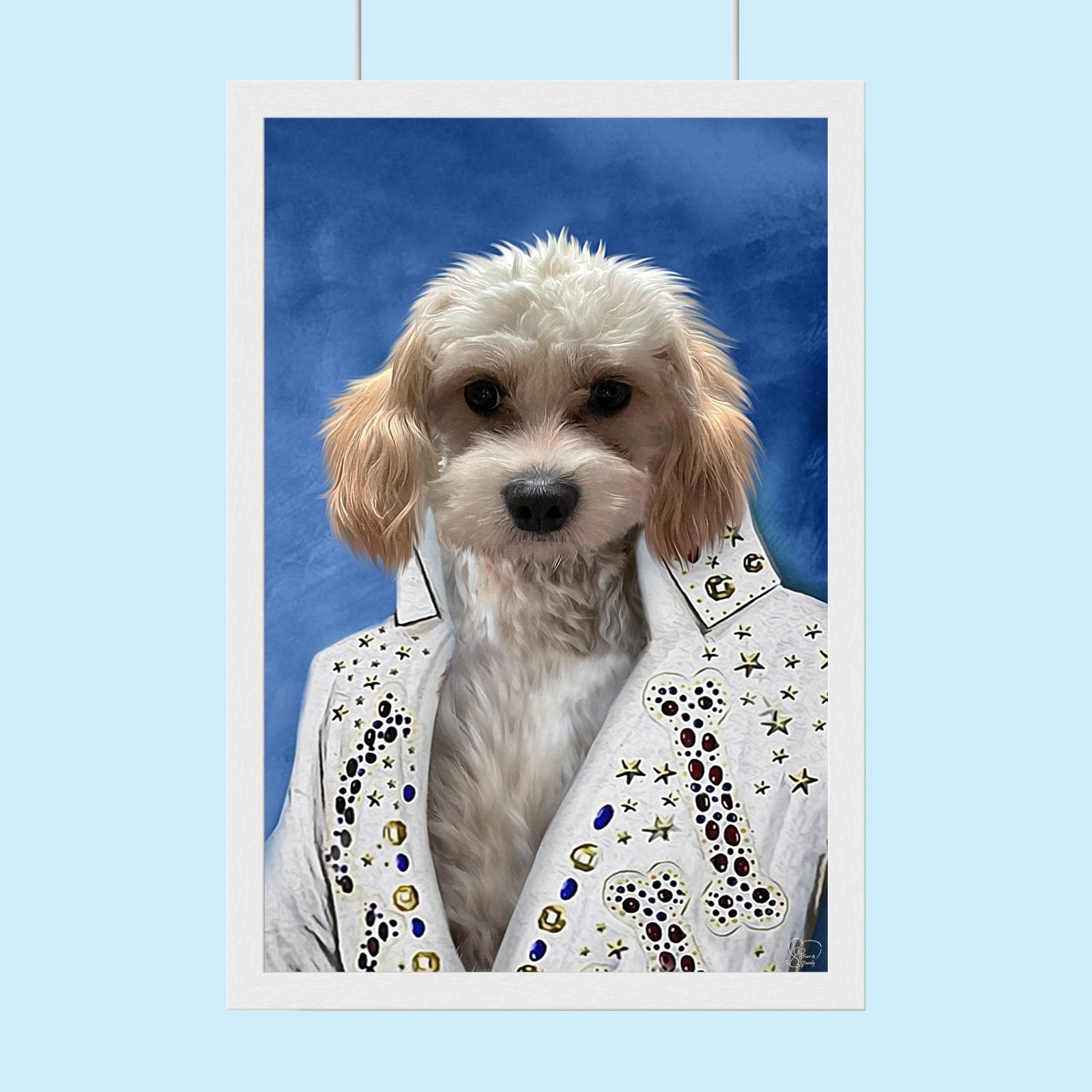 Custom Elvis Presley pet portrait featuring a dog or cat in a rockstar outfit, styled with classic 1950s or Vegas-era flair