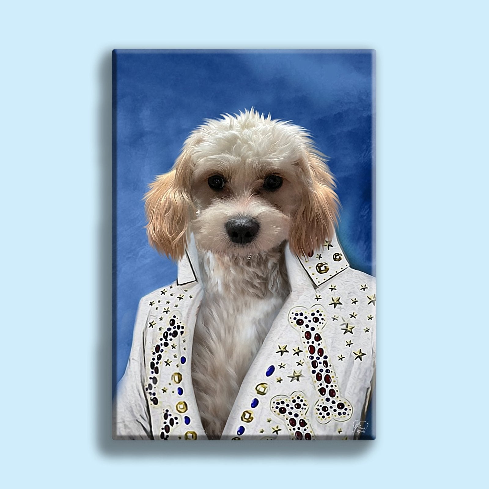 Custom Elvis Presley pet portrait featuring a dog or cat in a rockstar outfit, styled with classic 1950s or Vegas-era flair