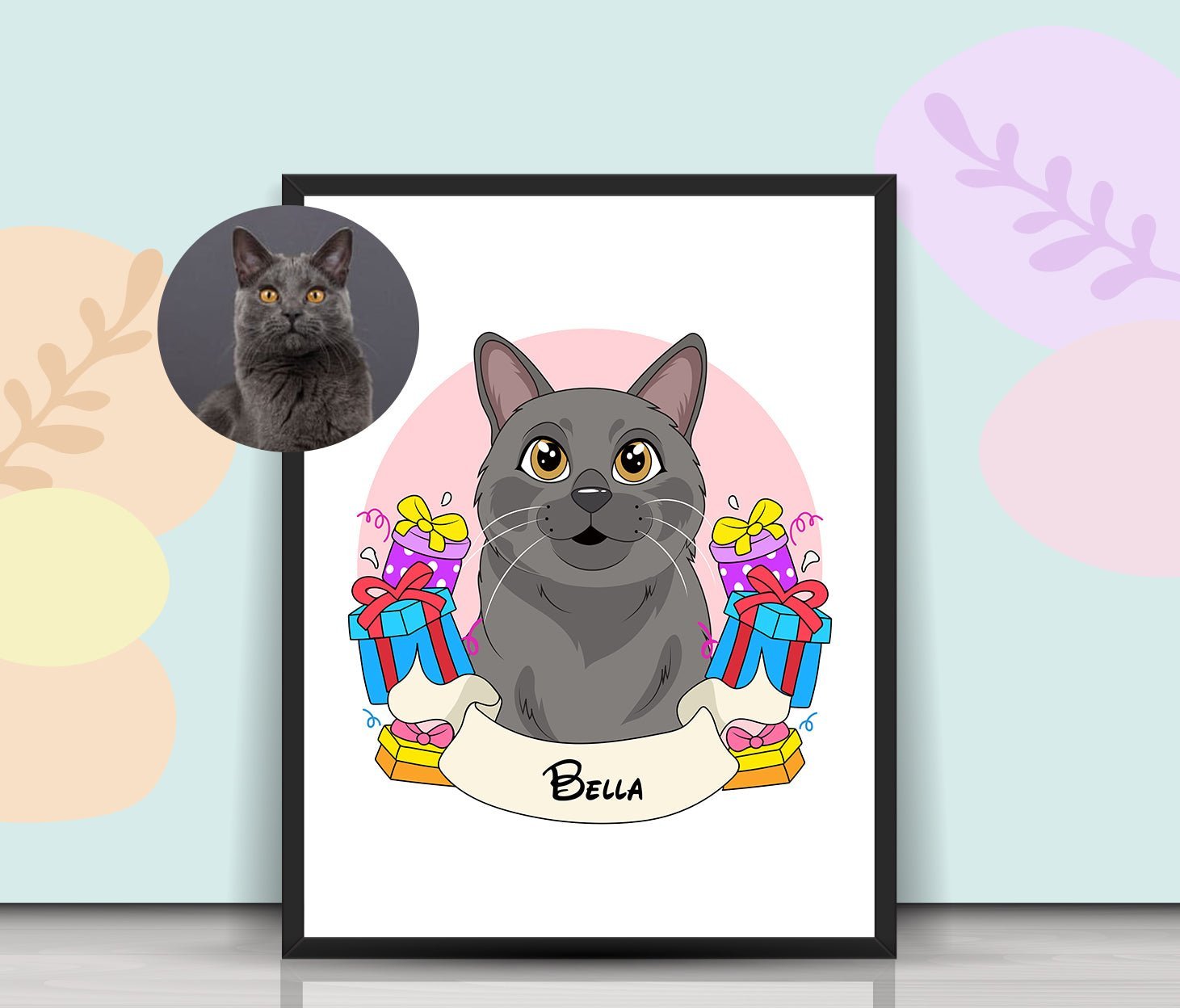 Floral Pet Cartoon - Custom Pet Portrait - 1 Pet - Furr and Family