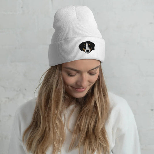Custom embroidered beanie featuring a pet’s name or face design, made from soft knit fabric — perfect for cold weather and pet lovers