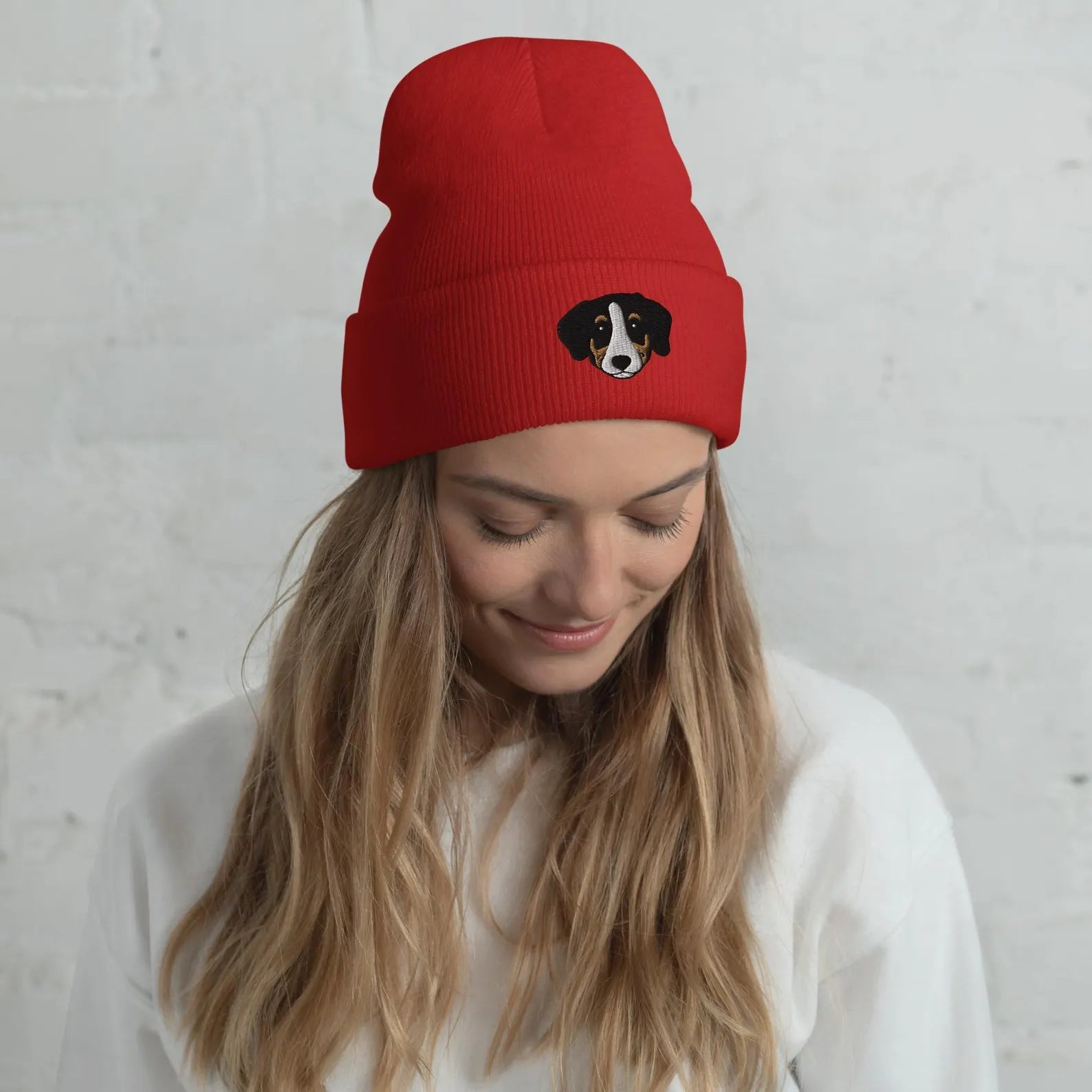 Custom embroidered beanie featuring a pet’s name or face design, made from soft knit fabric — perfect for cold weather and pet lovers