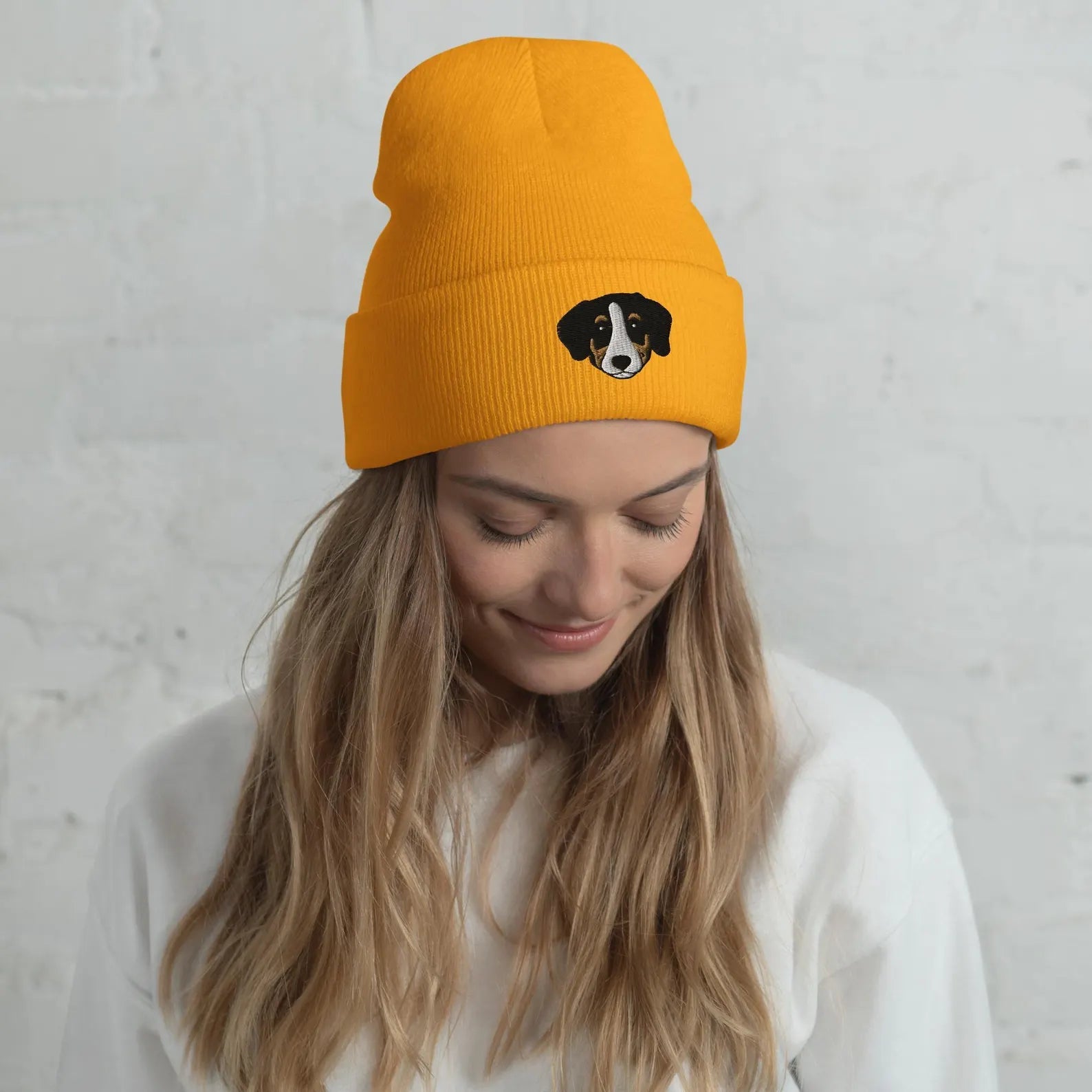 Custom embroidered beanie featuring a pet’s name or face design, made from soft knit fabric — perfect for cold weather and pet lovers
