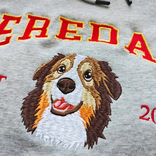 Custom Dog Hoodie Embroidered Dog Name, Personalized Pet Face Sweatshirt, Varsity Style Hoodie- Varsity Colorful Design