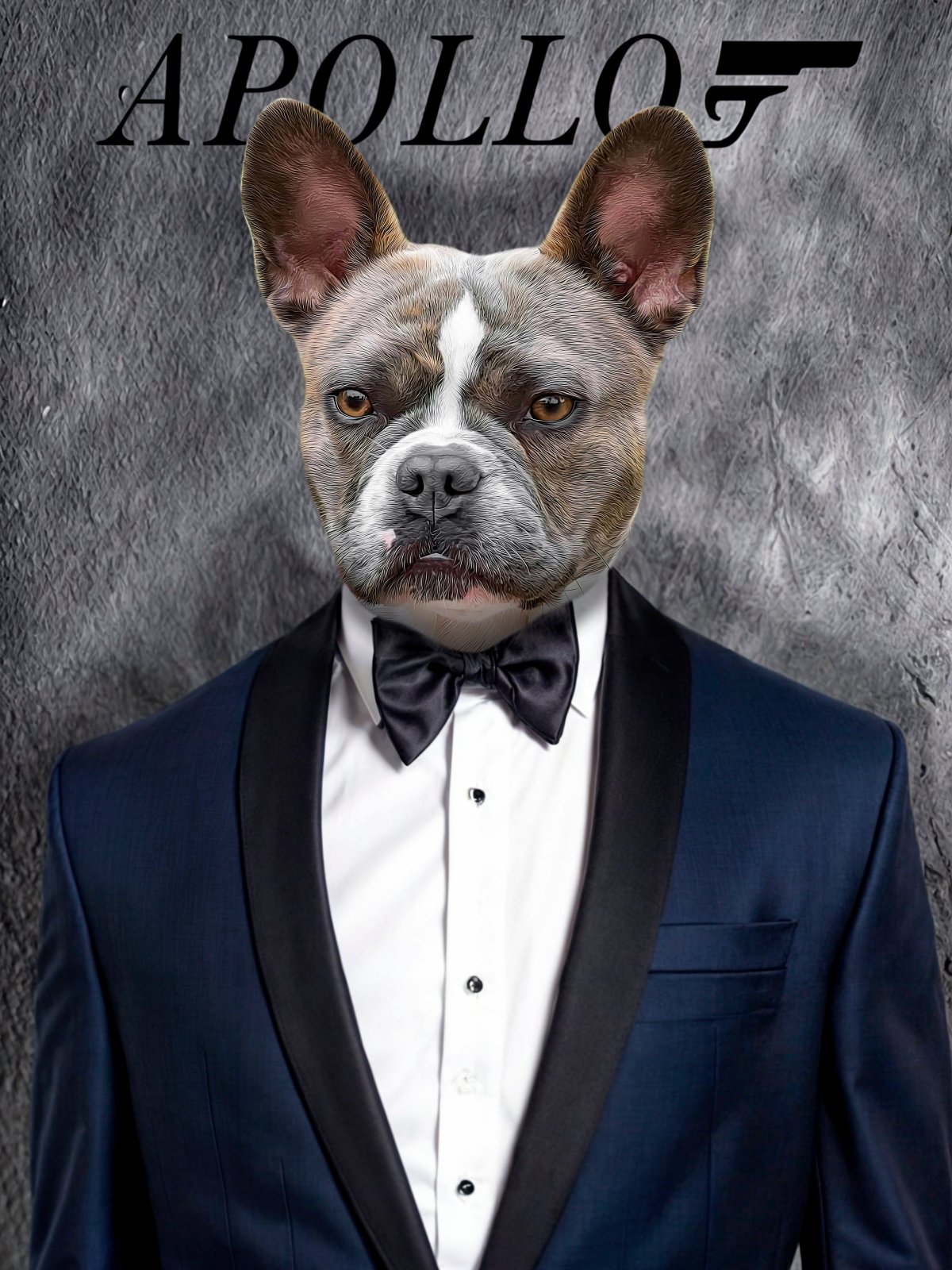 Custom pet portrait of a dog or cat wearing a James Bond-style tuxedo, hand-illustrated from a real photo in a sleek, secret-agent-inspired design