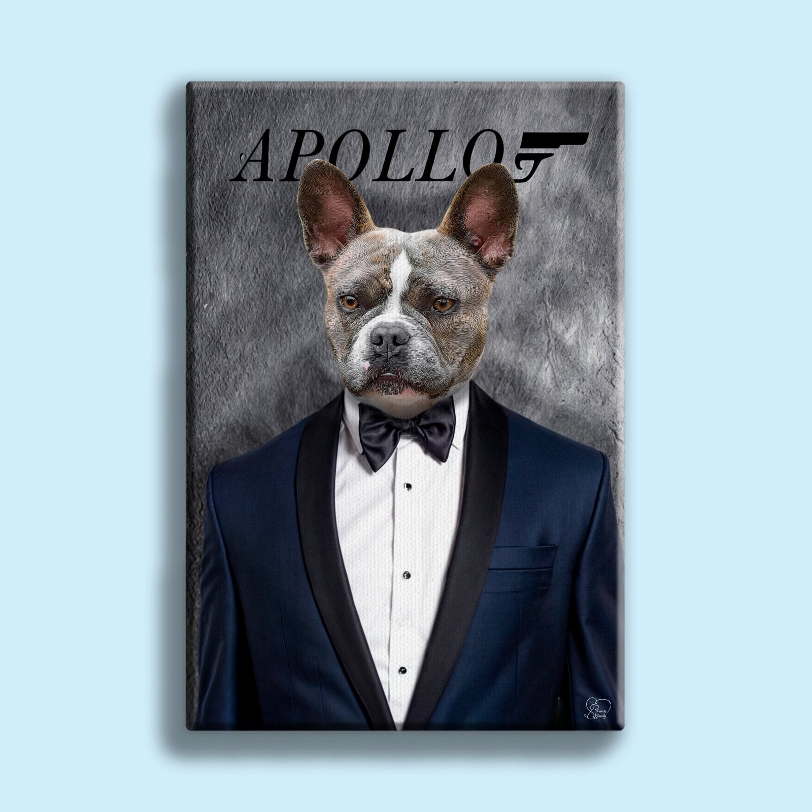 Custom pet portrait of a dog or cat wearing a James Bond-style tuxedo, hand-illustrated from a real photo in a sleek, secret-agent-inspired design