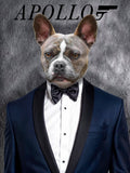 Custom pet portrait of a dog or cat wearing a James Bond-style tuxedo, hand-illustrated from a real photo in a sleek, secret-agent-inspired design