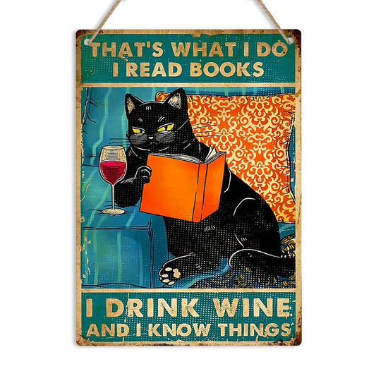 Book Cat Wine Lover Metal Sign – Funny Vintage Wall Decor