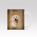 Custom ceramic mug featuring a digital oil painting-style pet portrait of a cat or dog, based on customer-submitted photo