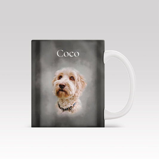 Custom ceramic mug featuring a digital oil painting-style pet portrait of a cat or dog, based on customer-submitted photo